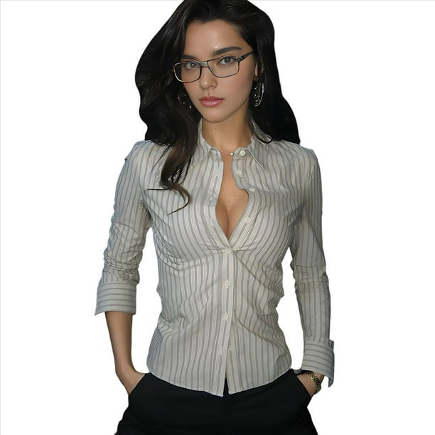 Camisas de Botones Súper Suaves y Antiarrugas para Mujer, Blusas Formales de Rayas Lisas para el Trabajo. Gris M