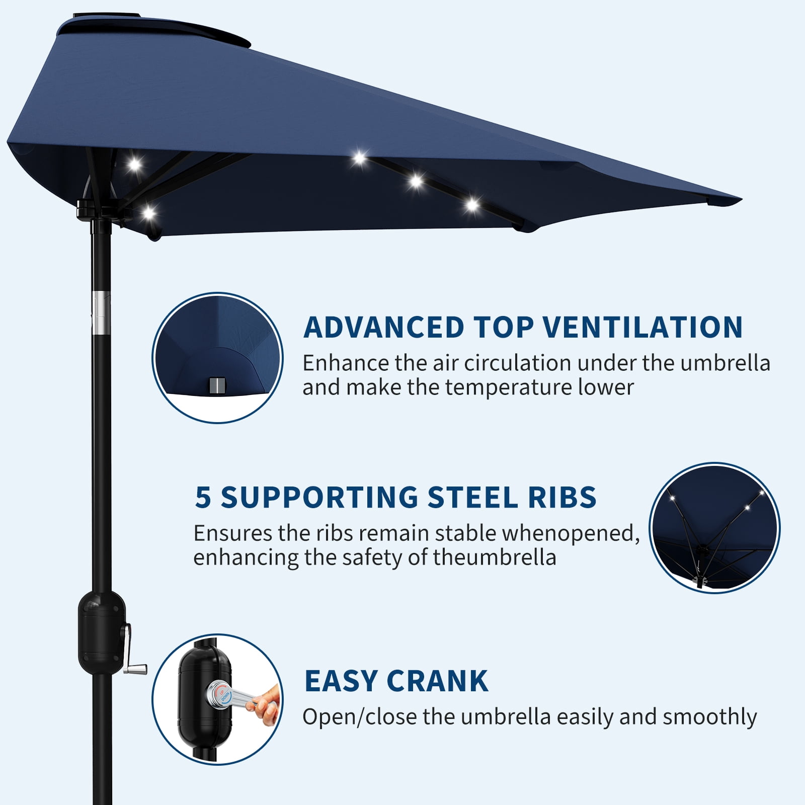 9FT Half Patio Umbrella with Lights – Durable Outdoor Shade Canopy, Smooth Crank Lift, UV Protection – For Patio, Garden, Deck, Balcony, Table