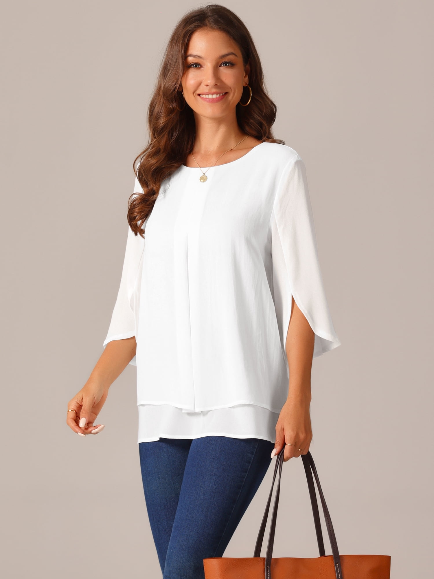 DARING DIVA Women's 3/4 Sleeve Chiffon Casual Crew Neck Blouses M White
