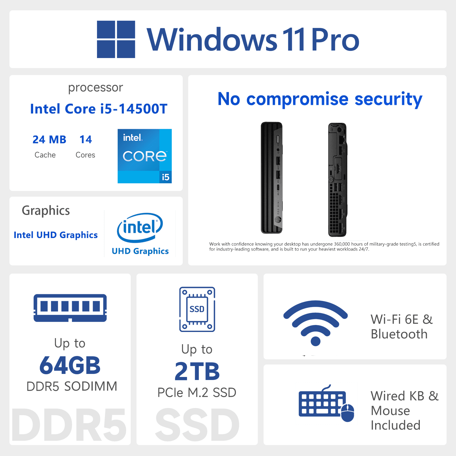 HP Pro 400 G9 Business Mini Desktop, Intel i5-14500T, 16GB DDR5, 512GB SSD, Wired KB & M, W11P, Black