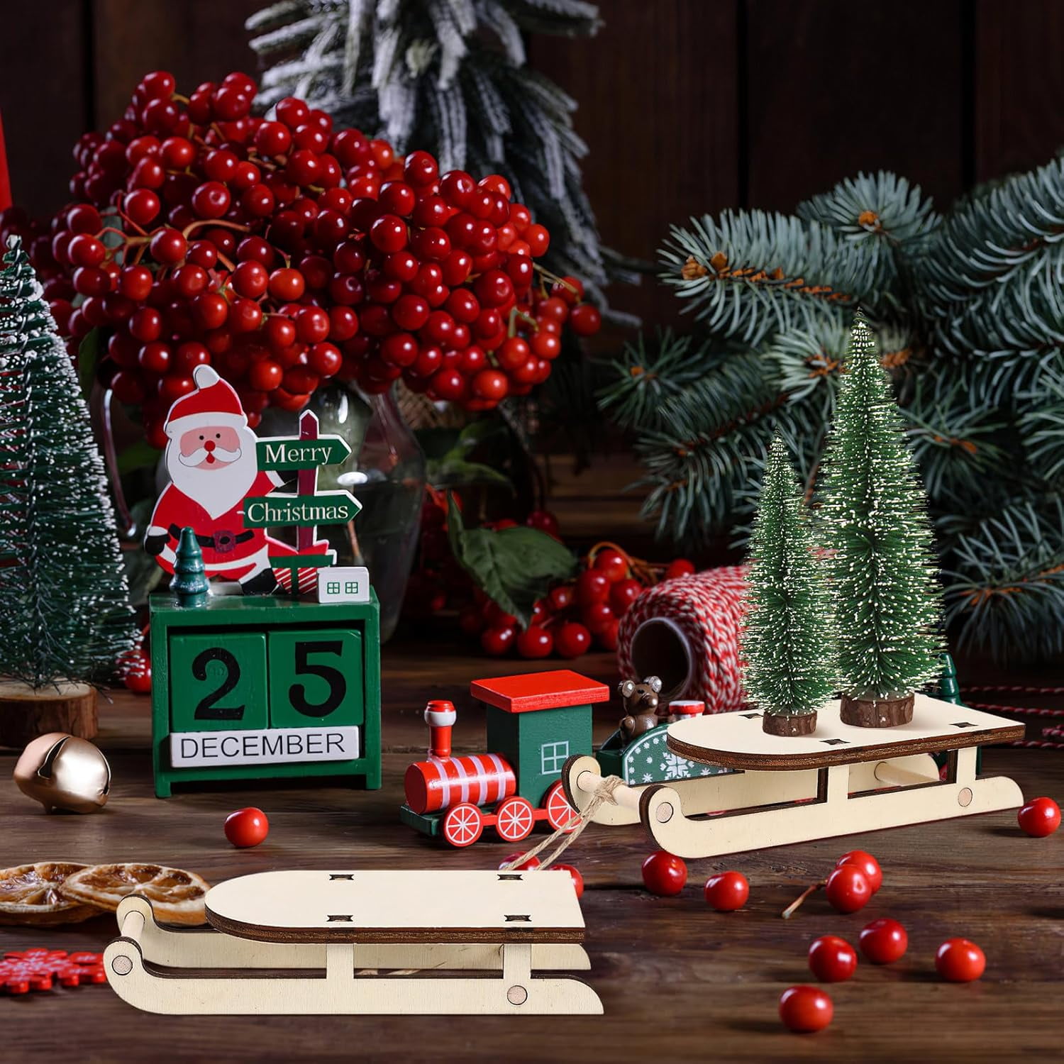 ABCISI 6pcs Christmas Sleigh Miniature Wooden Sleighs Models, Unfinished Wood Sleds Ornaments for DIY Christmas Crafts, Holiday Table Centerpiece, Christmas Tree Hanging Decoration, Wedding Decor