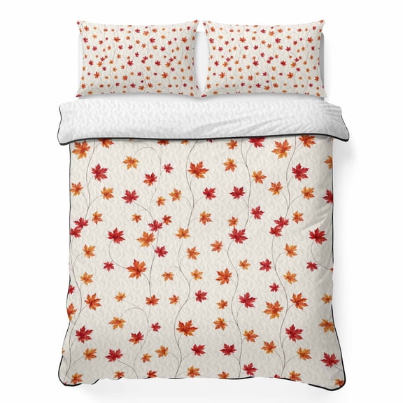 Quilts Twin Size Bedding Set, Maple Leaves Lightweight Quilted Comforter, Famrhouse Botanical Rutsic Fall Cream Soft Reversible Bedspread Coverlet with Pillow Covers for All Season, 68" x 86"