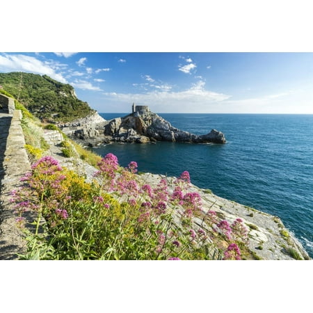 Old World Italian - Flowers and blue sea frame old castle and church, UNESCO World Heritage Site, Italy Print Wall Art By Roberto Moiola