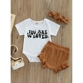 thumbnail image 2 of aturustex 3 Pcs Baby Romper Set Letter Print Short Sleeve Crew Neck Jumpsuit + Ribbed Ruffle Shorts + Bow Headband, 2 of 8