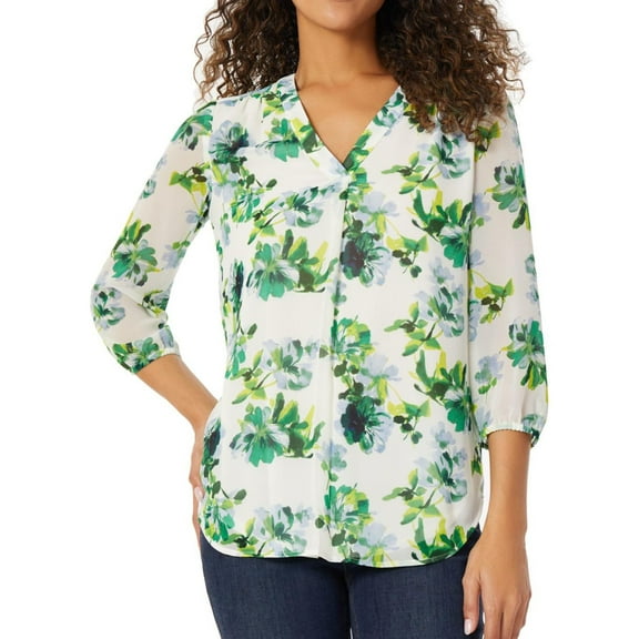 Jones New York Womens Floral-Print, Pleated Peasant Blouse, Multicoloured, Petite, P/PS
