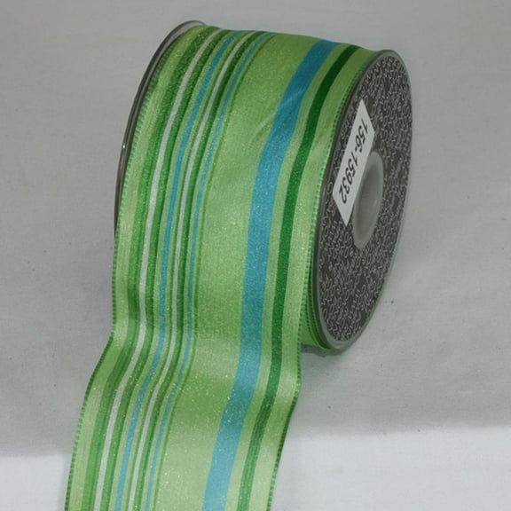 The Ribbon People Green and Blue Striped Sheer Wired Craft Ribbon 2.5" x 27 Yards