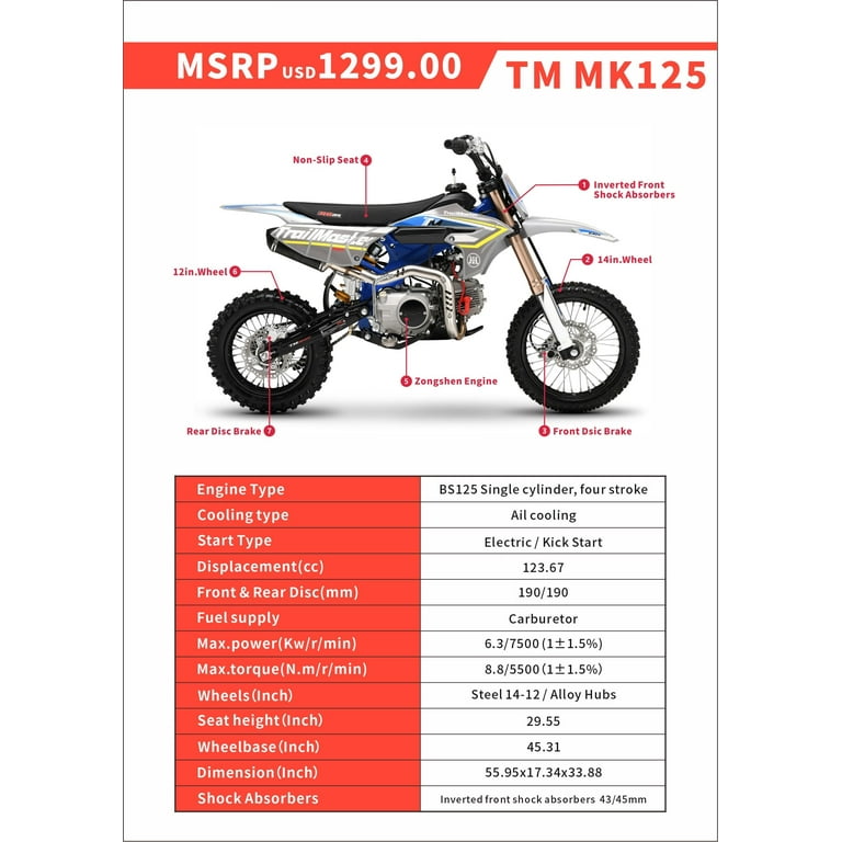 Trailmaster JHL Pro Series TM MK125 Dirt Bike Electric Start