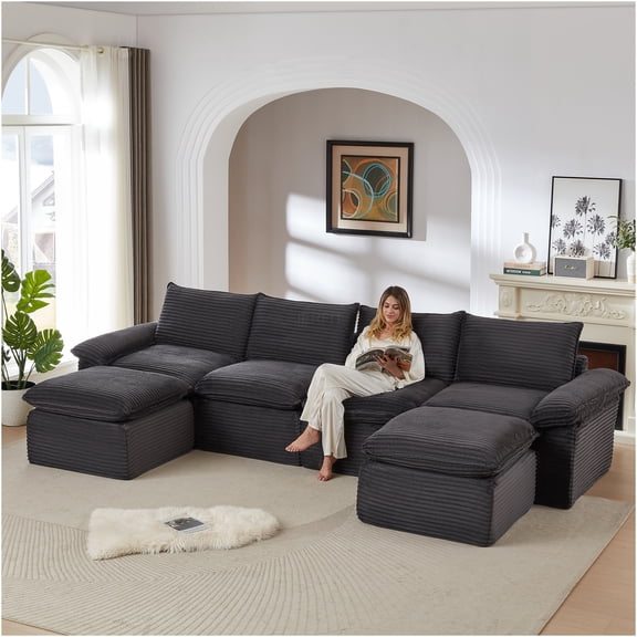 JERFIT Modern Cloud Sofa Set, 6-Seat Sectional Couch with Chaise, Dark Gray Corduroy Fabric, Foam and Spring Cushion for Living Room, Apartment