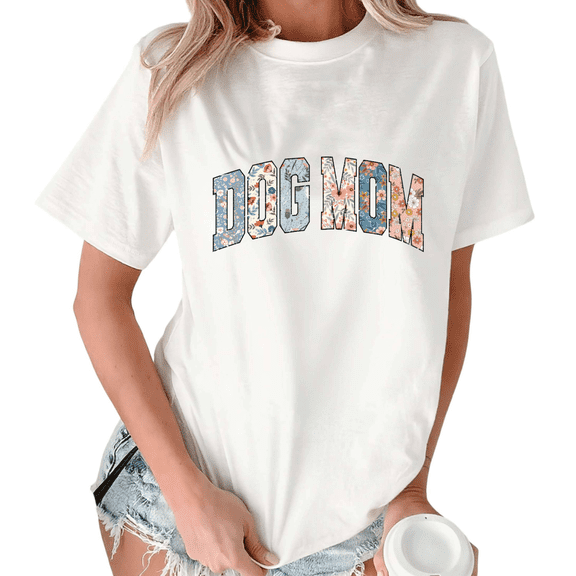White Dog Mom Varsity Floral Script Tshirt Graphic Tees Shirts Mother's Day S-5XL Tops