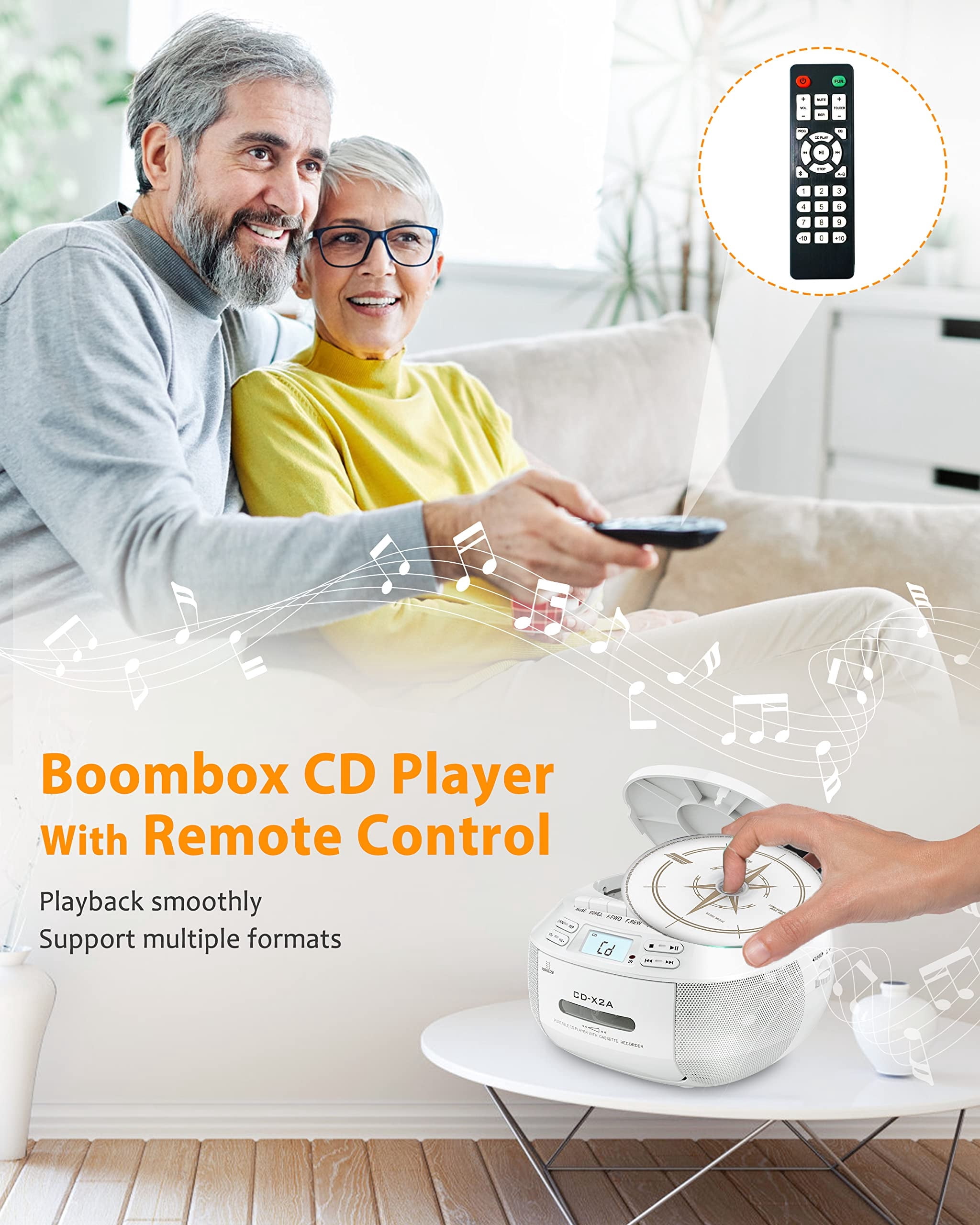 Jazmm Boombox Cassette CD Player Combo with Bluetooth, AM/FM Radio  Remote Control, Tape Recording, Stereo Sound, for Home, Music