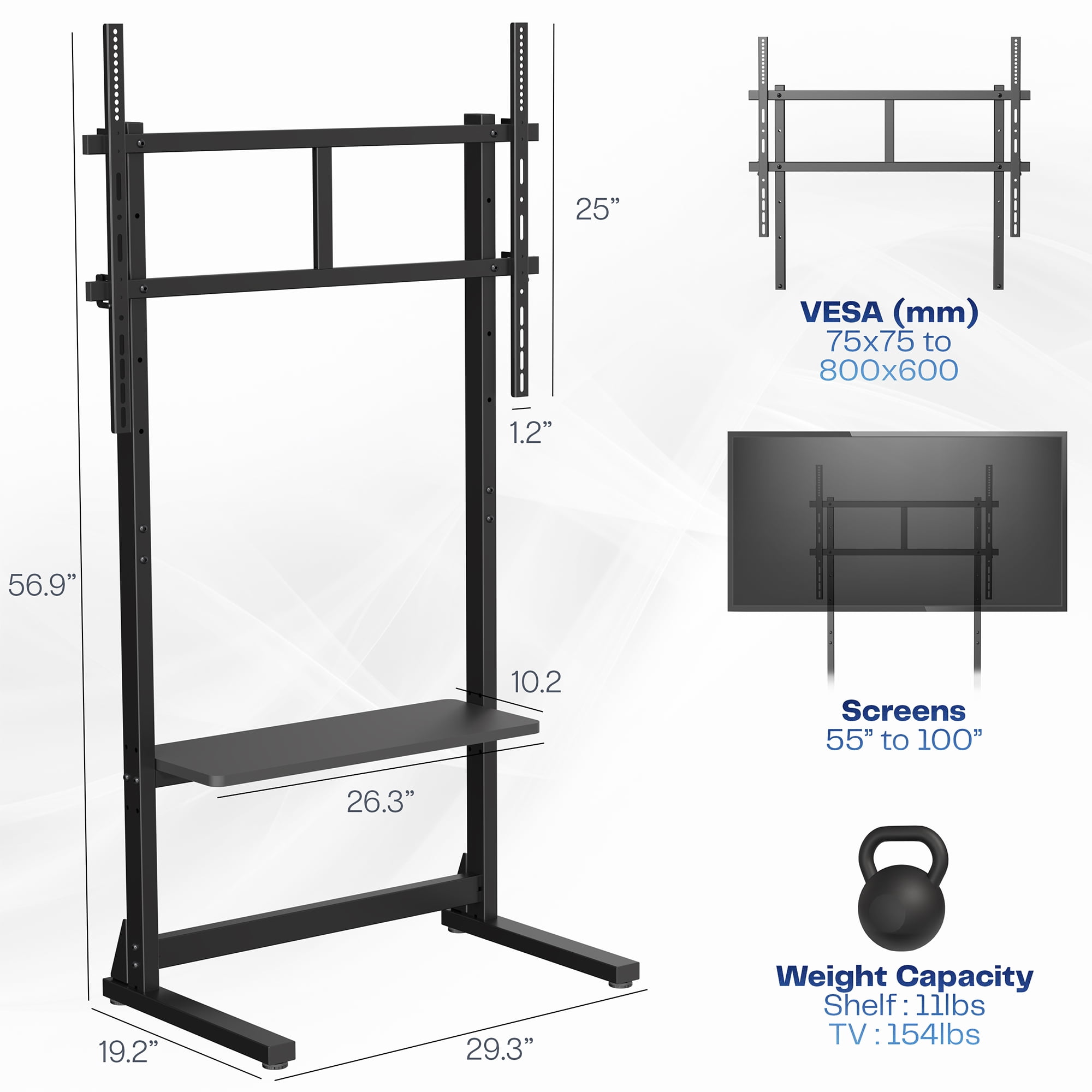 VIVO Black Heavy Duty 100" TV Screen Floor Stand with Storage Shelf