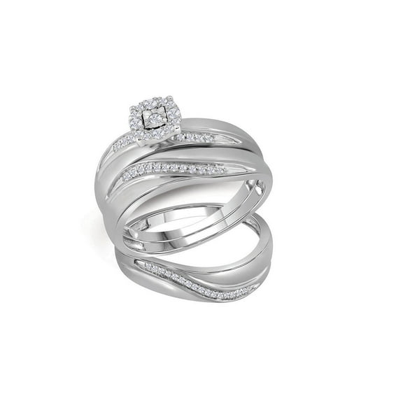 FB Jewels 10k White Gold Round Diamond Mens Womens Trio Matching Halo Wedding Bridal Ring Set 1/5 Cttw