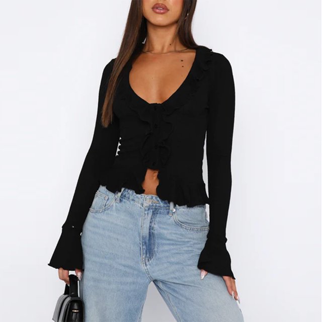 Blusa Mangas Largas Traje de calle ajustado para mujer, Top ajustado con ombligo expuesto, Color sólido, ajustado, para chica picante Kuymtek Negro T L para Mujer
