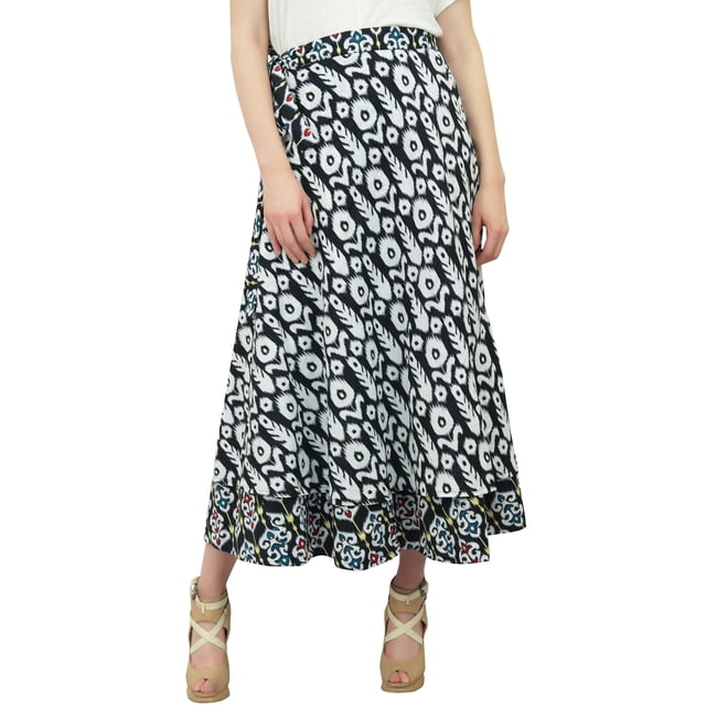 Phagun Robe Bohème Chic pour Femmes, Jupe Portefeuille Noire en Coton Imprimé Ikat Réversible