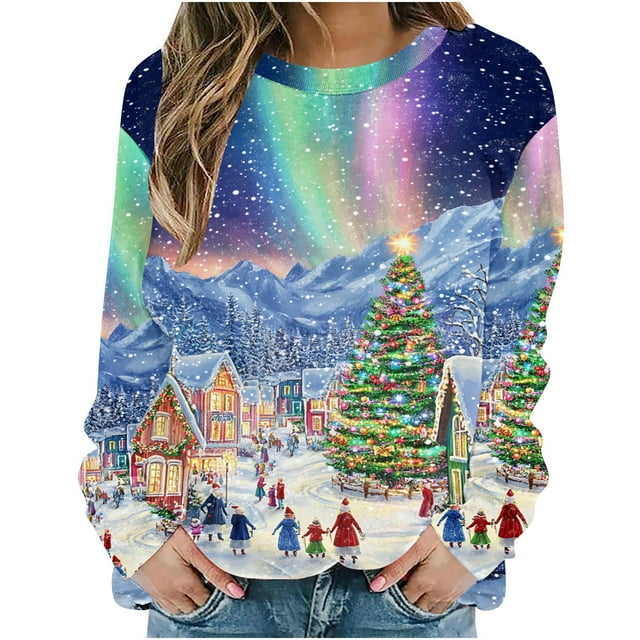 Hauts de Noël pour Femmes, Chandail en Molleton Sans Capuche à Imprimé Coloré de Noël, Coupe Ample, Manches Longues, Col Rond, Hauts de Noël pour Femmes