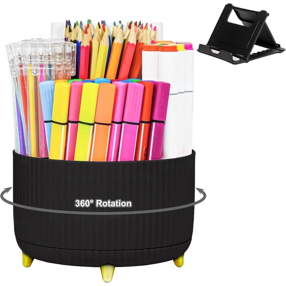 SAYEEC Black 5-Slot Rotating Pen Holder with Adjustable Phone Stand, Desk Organizer for Office, Vanity & Bathroom