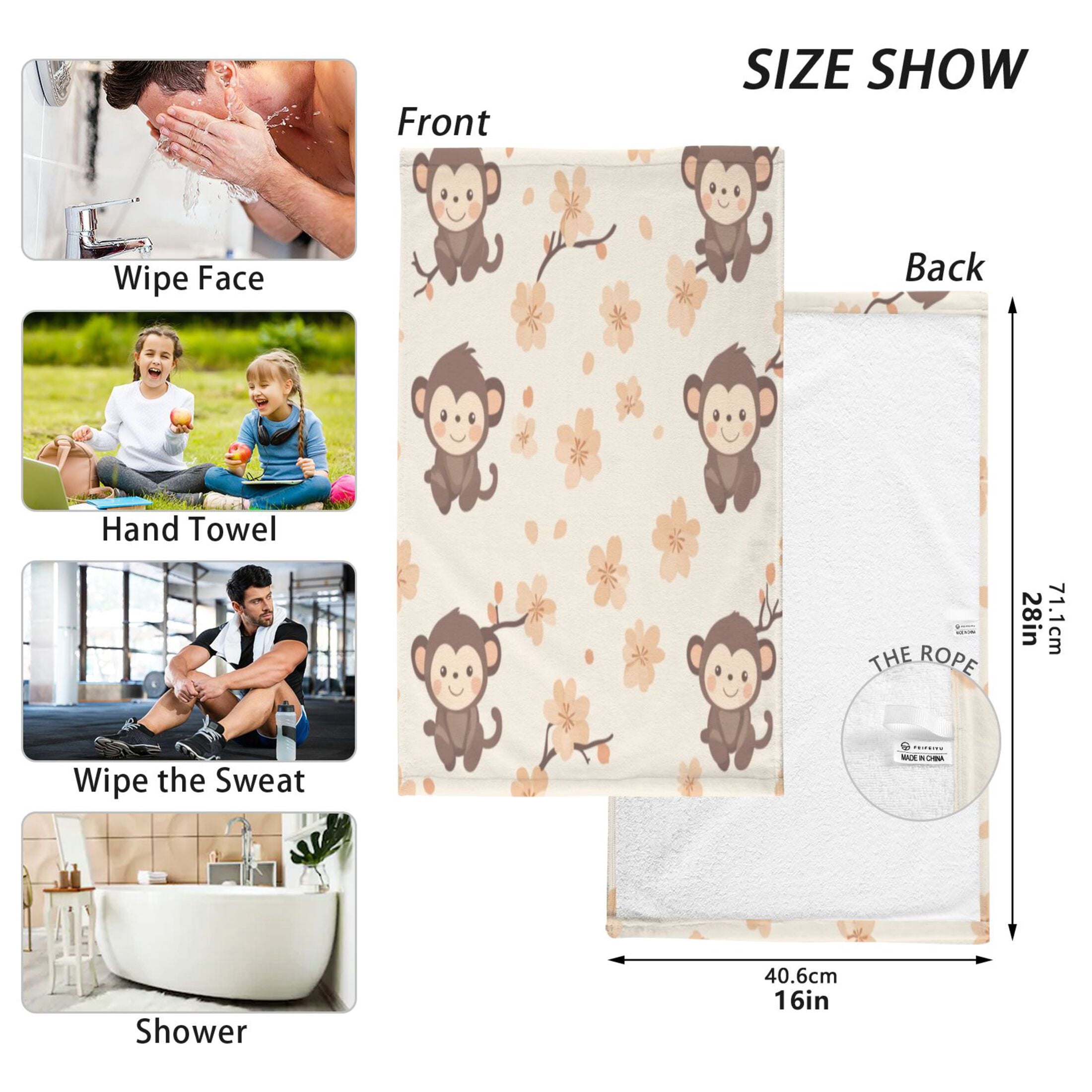 Cotton Towel Two-Piece 16x28 Inch One Sizex2 Face Towel Set Towel Set Cotton Hand Bath Towel Bathroom Beach Cute Little Brown Monkey