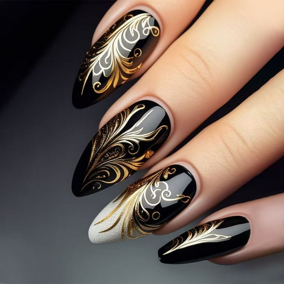 Yoyauz 24pcs French Pointed Nail Press, Short Fake Nail, Square Nail Press, Needle Nail With Black Flowing Gold Design, Charming Acrylic Nail Suitable For Girls And Ladies