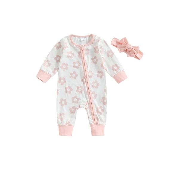 Bagilaanoe Newborn Baby Girl Fall Jumpsuits Flower Print Long Sleeve Bodysuits + Headband Infant Casual Zipper One Piece Rompers