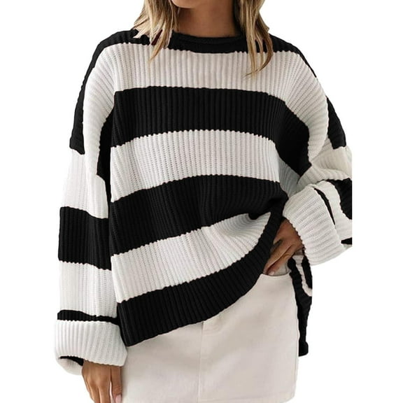 Bovemsi Sweaters for Women Cozy Women's Autumn And Winter Round Neck Long Sleeve Striped Sweater Border American Clothing Bell Loose Fall Sweaters