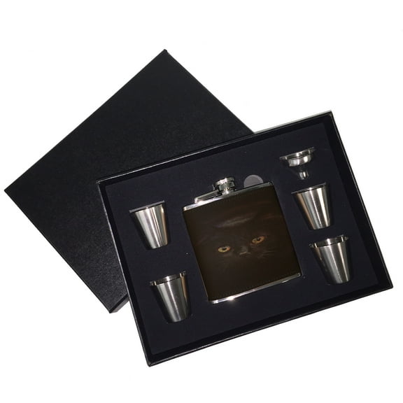 KuzmarK 6 oz. Leather Flask Set in Black Presentation Box - Black Cat Painting Eyes