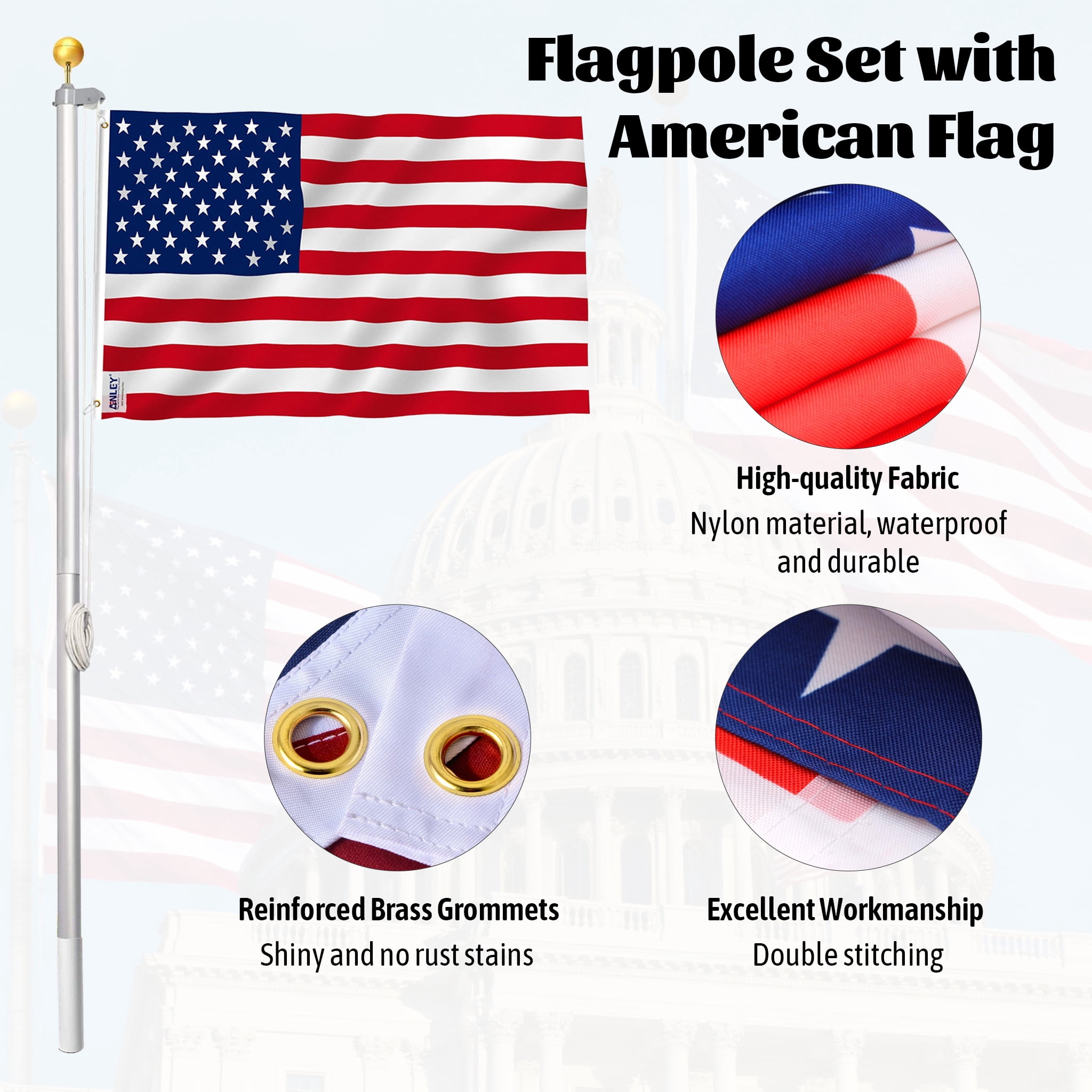 RocVanc 20 ft Aluminum Flag Pole Sectional Flagpole Kit Heavy Duty 3'x5' US Flag, Silver