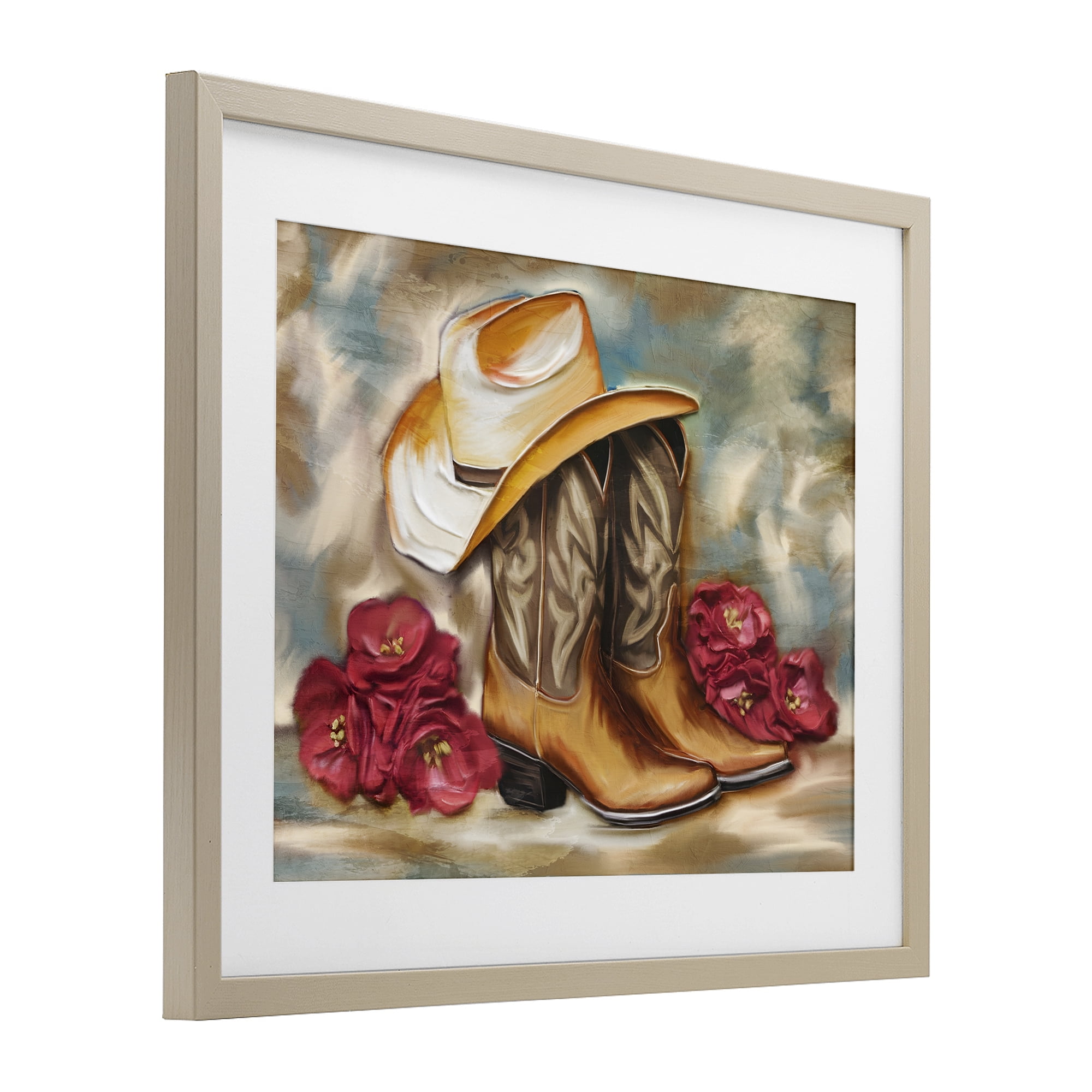 Boots & Floral Bunches Birch Framed Print Under Glass, design by Kim Allen