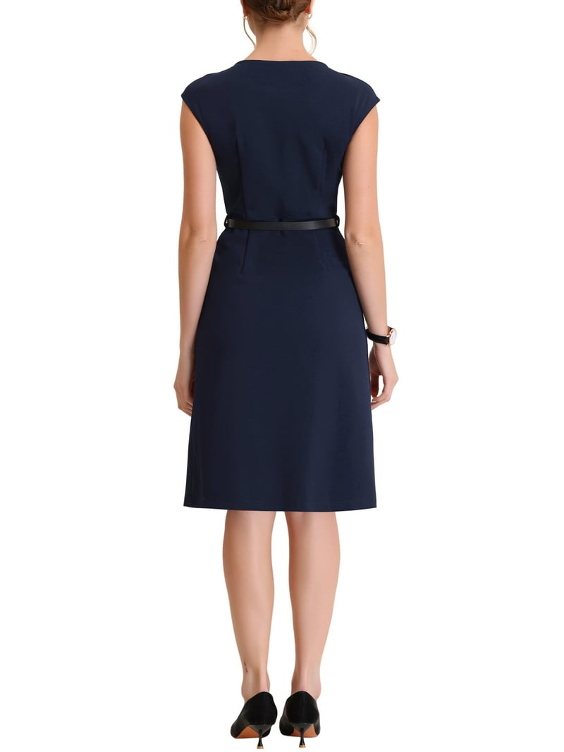 Moda Nova Elegant Wear-to-Work Dress for Juniors Round Neck Cap Sleeve Belted Sheath Midi Dresses, Women's, Size: XS, Blue Moda Nova Elegant Wear-to-Work Dress for Juniors Round Neck Cap Sleeve Belted Sheath Midi Dresses, Women's, Size: XS, Blue