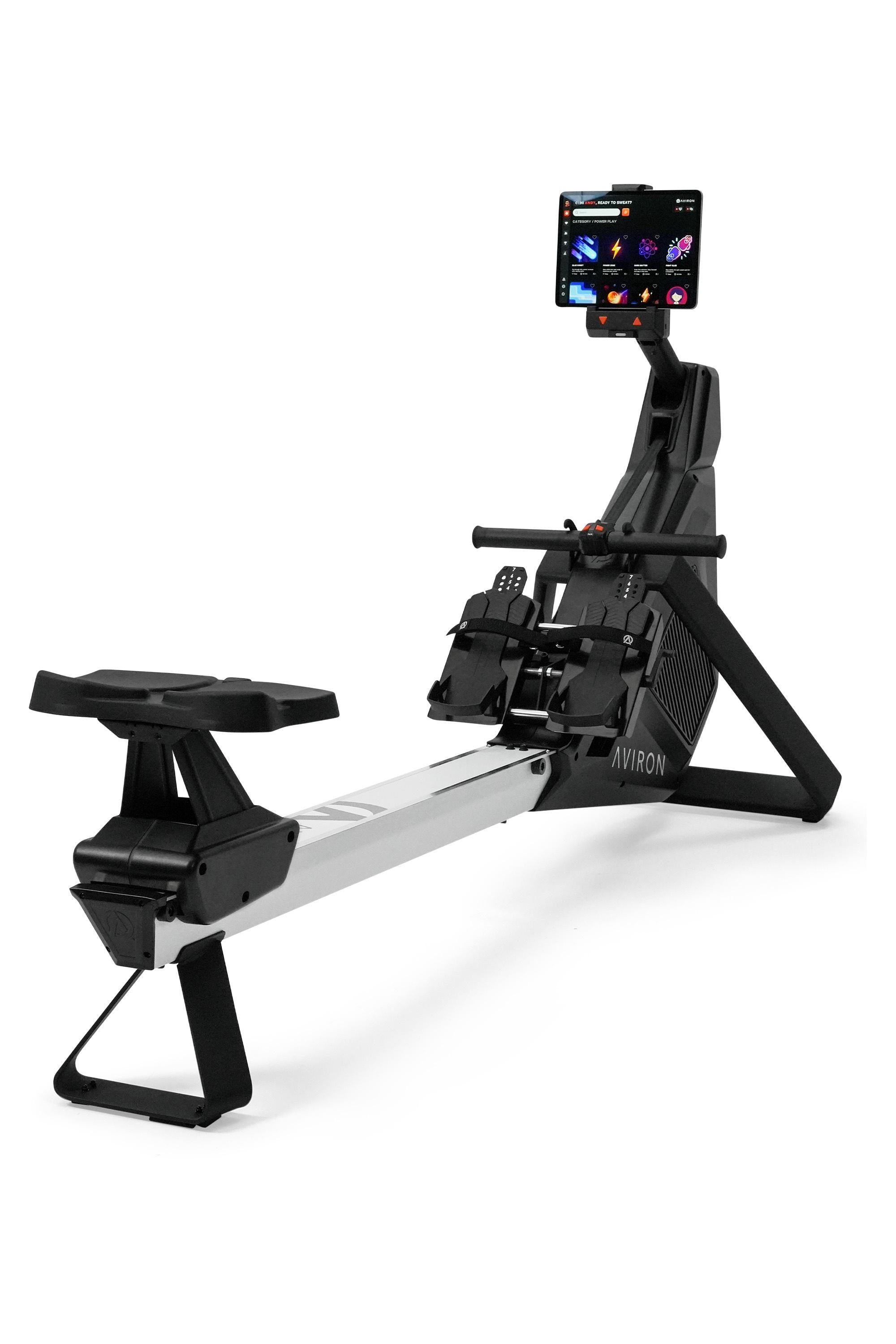 Aviron StrongGo Rowing Machine with iPad Integration—Dual Air & Magnetic Resistance Up to 100 lbs | Game-Based Workouts, Compact Storage Design