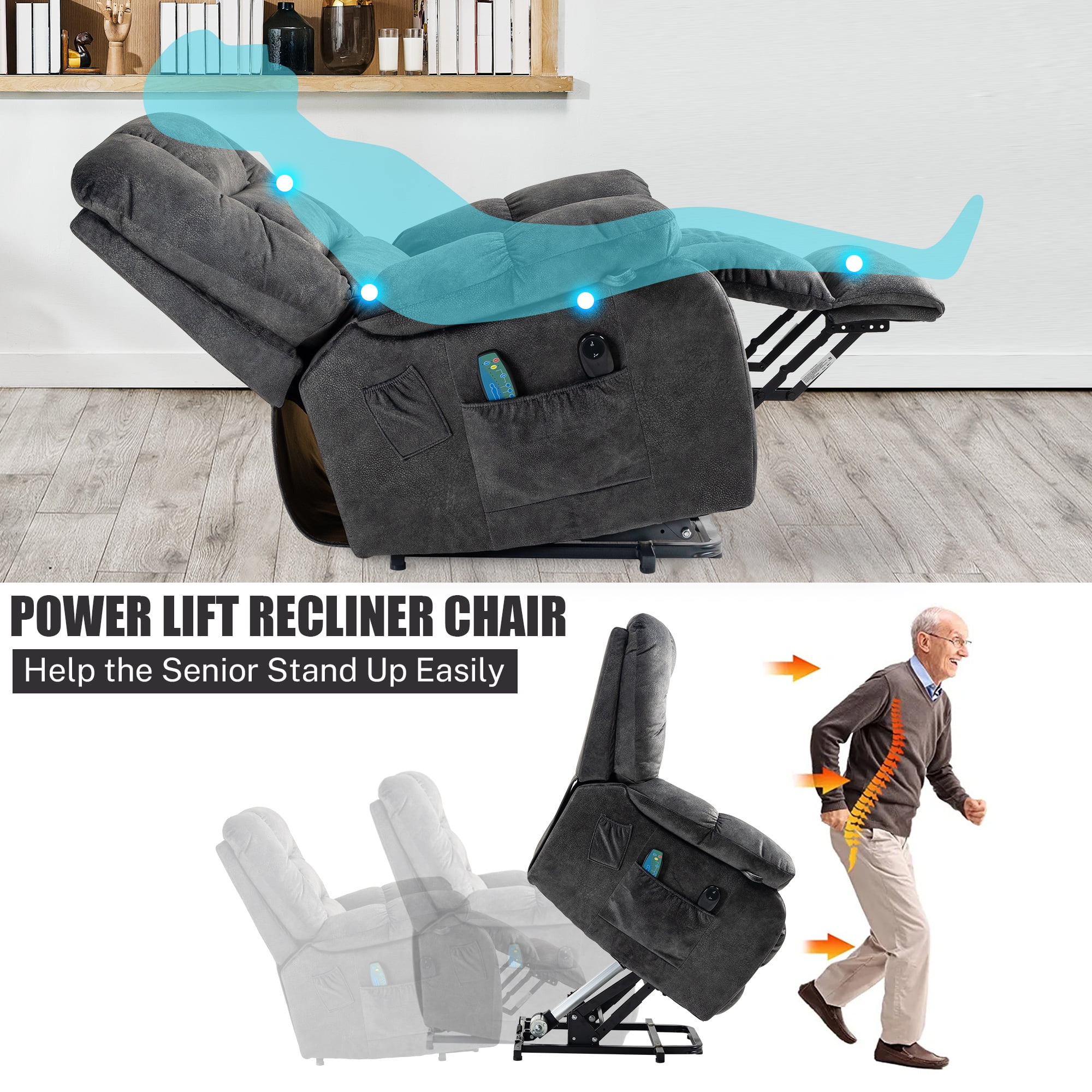 PAPROOS Recliner Chair, Electric Power Lift Recliner with Heat Therapy and Massage Function, Large Size Lift Chair with Remote and Side Pocket, Oversized Power Reclining Sofa, Gray Blue