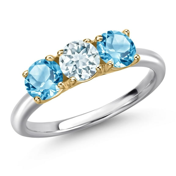 Gem Stone King 925 Silver and 10K Yellow Gold Sky Blue Aquamarine and Swiss Blue Topaz Engagement Ring for Women | 1.80 Cttw | Round 5MM | Gemstone March Birthstone | Size 7