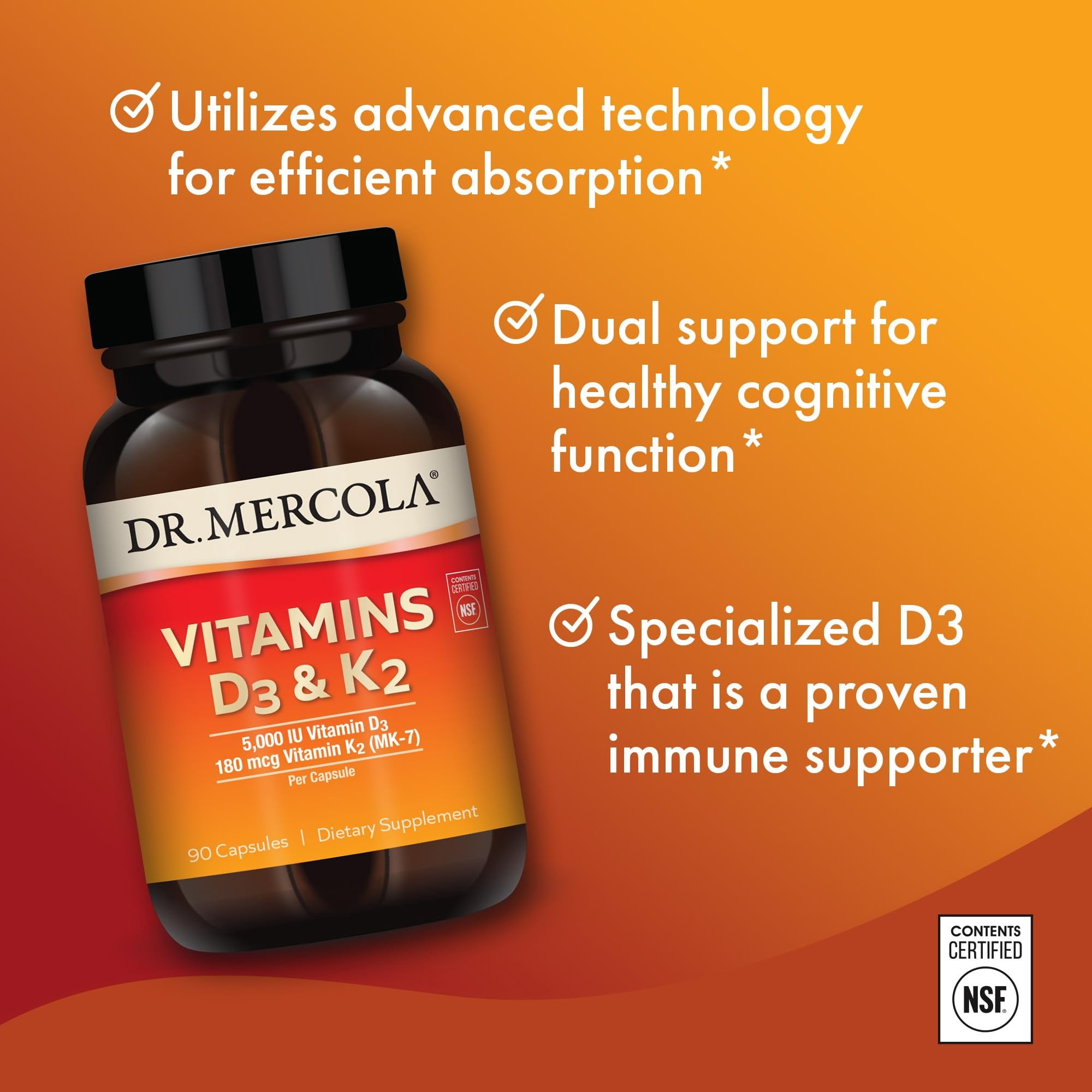 Dr. Mercola Vitamins D3 & K2 Dietary Supplement, 90 Servings (90 Capsules), Supports Heart Health, Immune Support, Non GMO, Soy Free, Gluten Free
