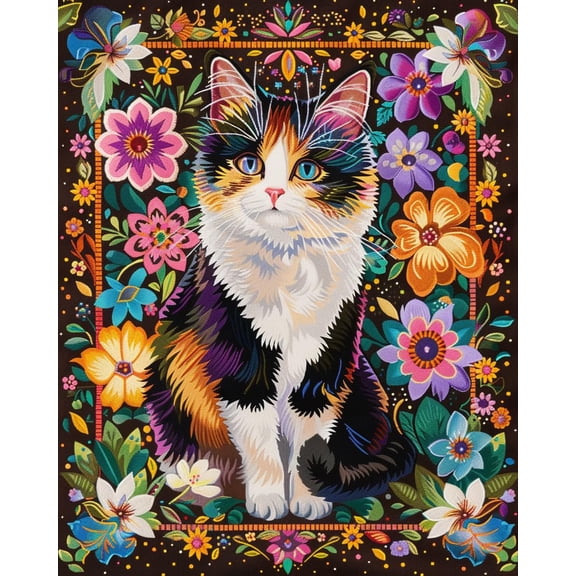 Portrait of Cat Surrounded by Flowers DIY 11CT Stamped Cross Stitch Kits for Beginners Easy Needlepoint Embroidery Counted Cross Stitch Art Craft for Wall Decoration 12x16inch(3)