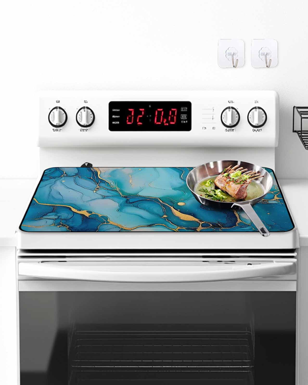 Stove Top Covers for Electric Stove, Modern Turquoise Glass Stovetop Cover Protector, Abstract Teal Gold Marble Textured Induction Cooktop Protector Oven Mat for Kitchen Countertop 24"x21"