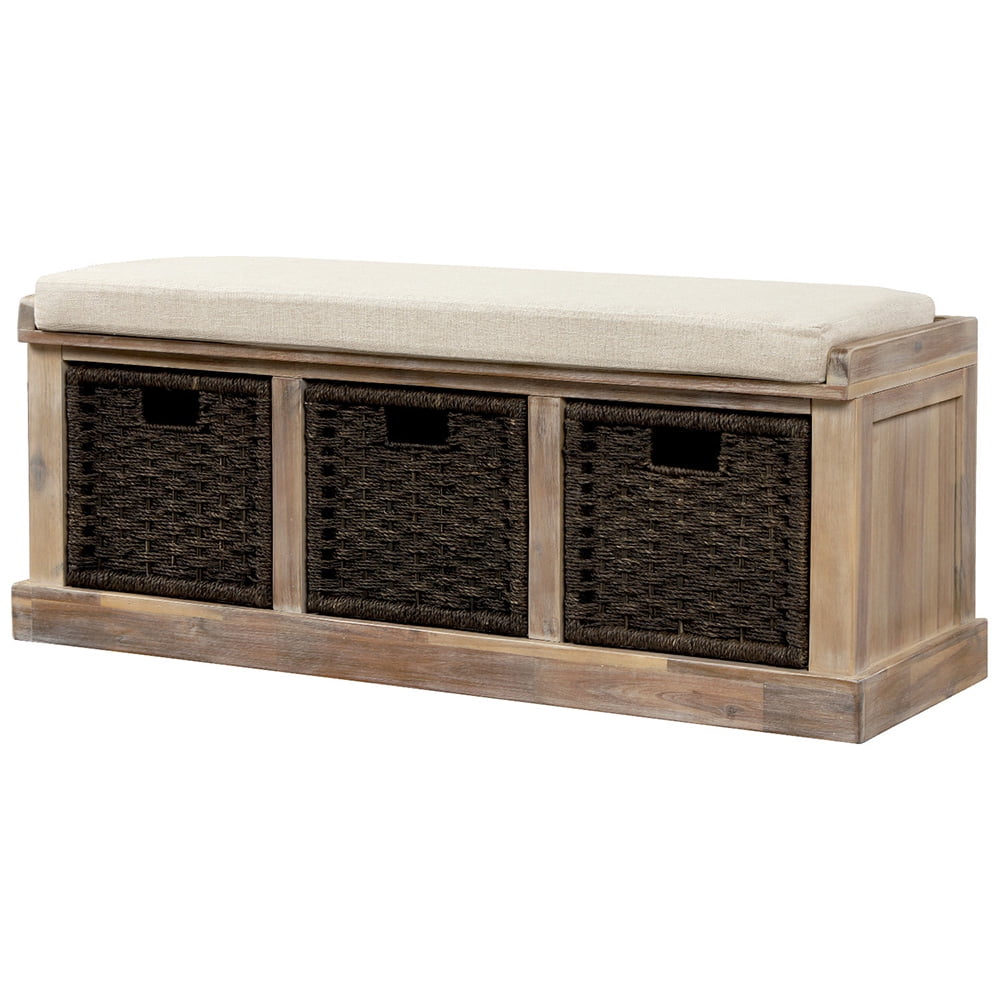 Lowestbest Solid Wood Storage Bench, Entryway Bench with 3 Removable Classic Fabric Basket, Storage Bench with Removable Cushion, White Lowestbest Solid Wood Storage Bench, Entryway Bench with 3 Removable Classic Fabric Basket, Storage Bench with Removable Cushion, White