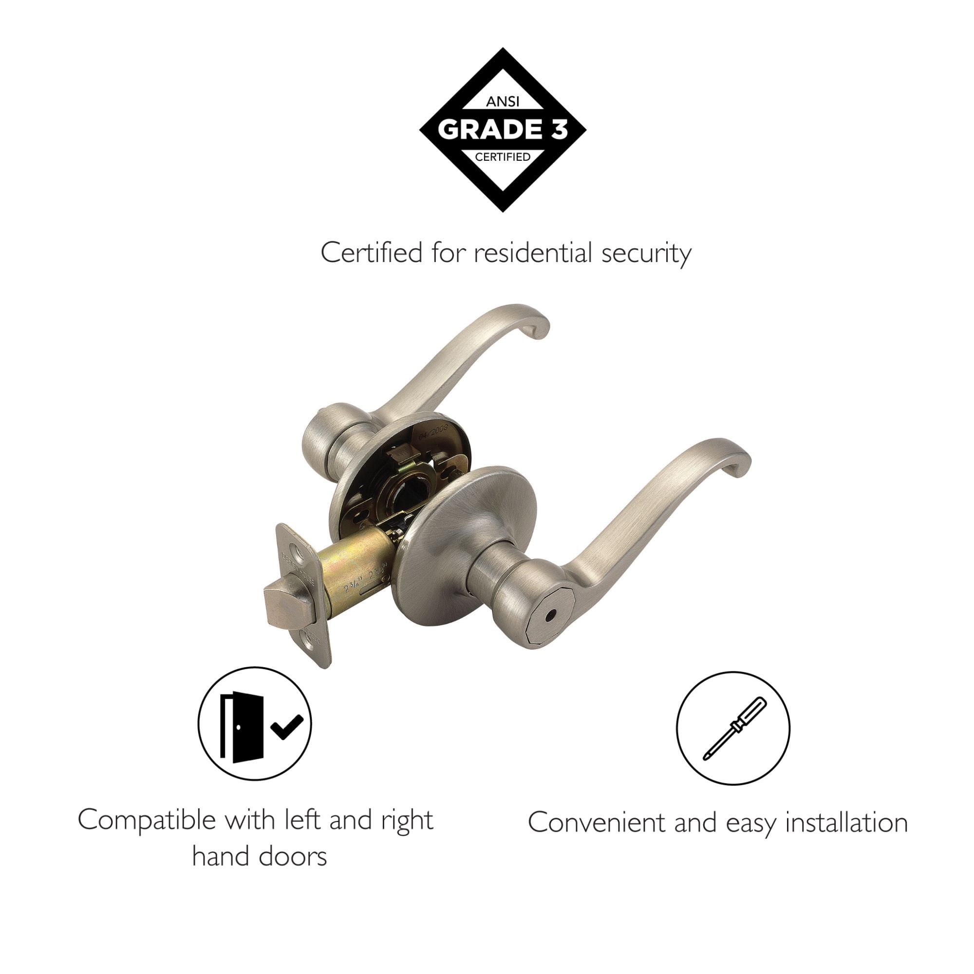 Design House Scroll Universal Privacy 2-Way Latch Interior Bed and Bath Door Lever, Satin Nickel