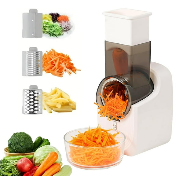 Electric Vegetable Slicer, Electric Cheese Grater, Salad Shooter, 3-in-1 Electronic Fruit Shredder, Cheese Grater for Home Kitchen Use, Electric Grater with 3 Type Blades Stainless Steel,White