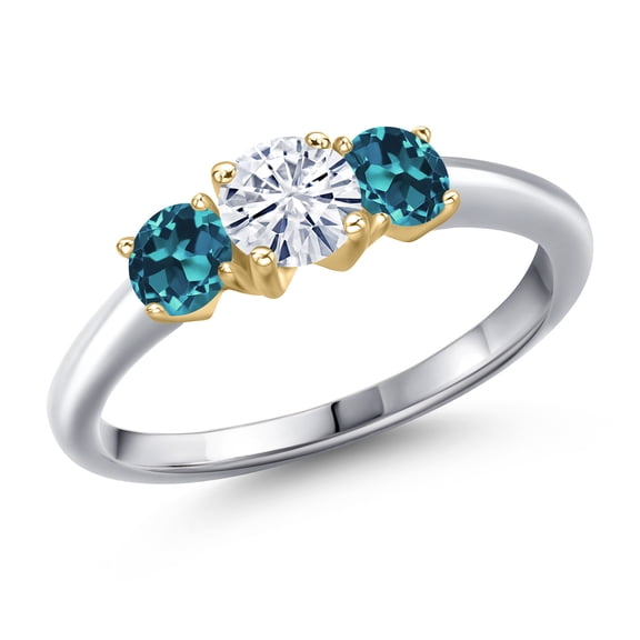 Gem Stone King 925 Silver and 10K Yellow Gold White Moissanite and London Blue Topaz Engagement Ring for Women | 1.16 Cttw | Round 5MM | Gemstone Birthstone | Size 5