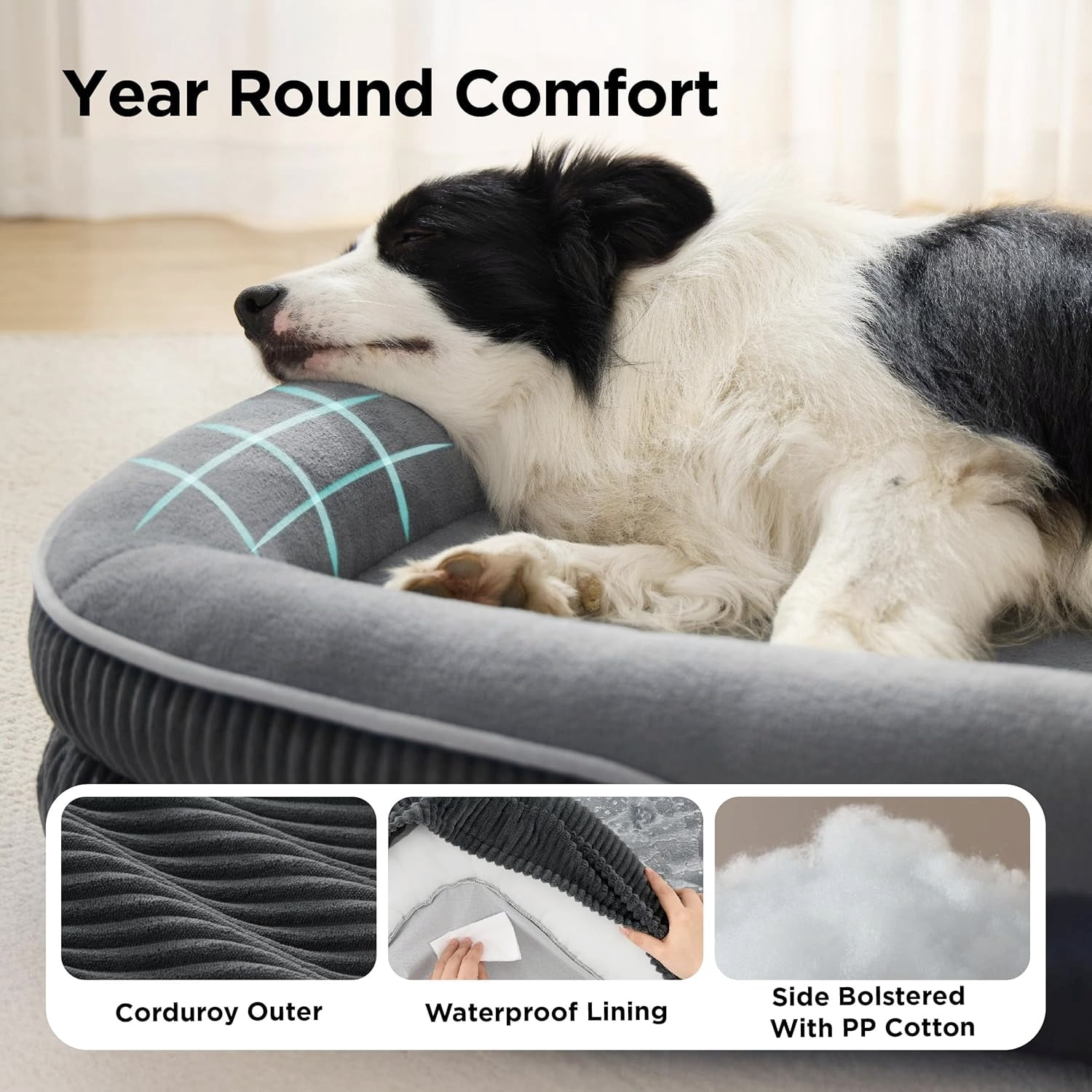 Large Orthopedic Dog Bed Grey 35 Inch 360 Degree Oval Bolster Pet Sofa