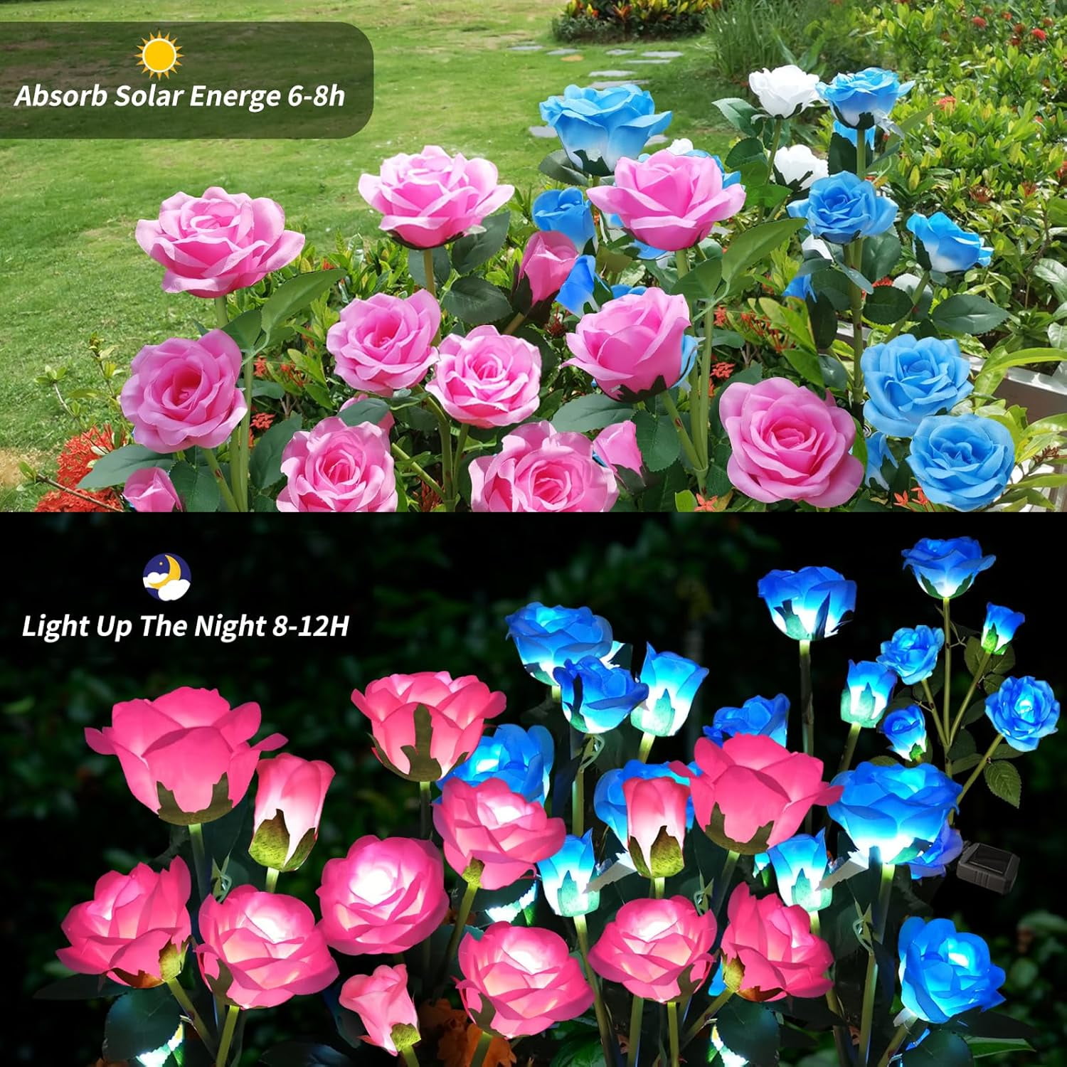 Solar Garden Lights,Solar Outdoor Lights with More Realistic 10 Rose WaterproofSolar Powered Flowers for Outside Patio Yard Pathway Decorations, 2 Pack