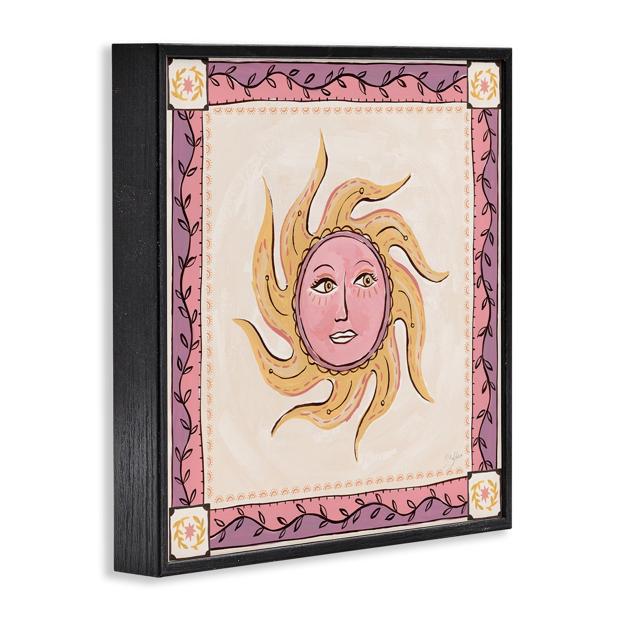 Stupell Industries Pink Sun Face with Leaf Border Black Framed Giclee Art, design by Two If By Sea Studios