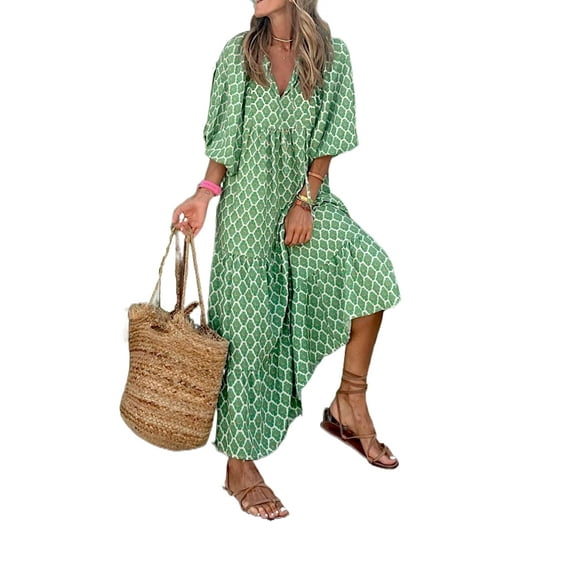 DLLMJING Geometric Printed Bubble Sleeved Dress Street Oversized Women's Clothing