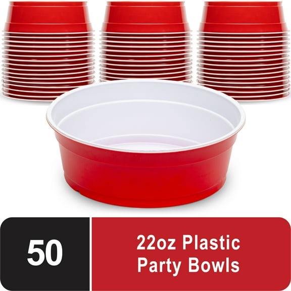 GoBig Party Large Disposable Plastic Bowls, 22 oz, Red, 50 Count