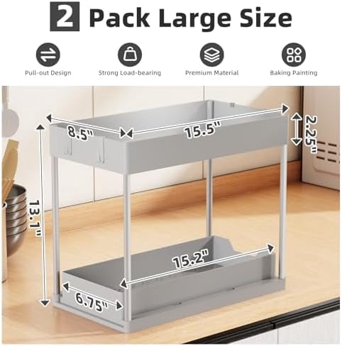 Under Sink Organizer 2 Pack, Sink Pull-Out Sliding Storage Cabinet, 2-Tier Under Shelf Organizer for Kitchen Bathroom, Grey