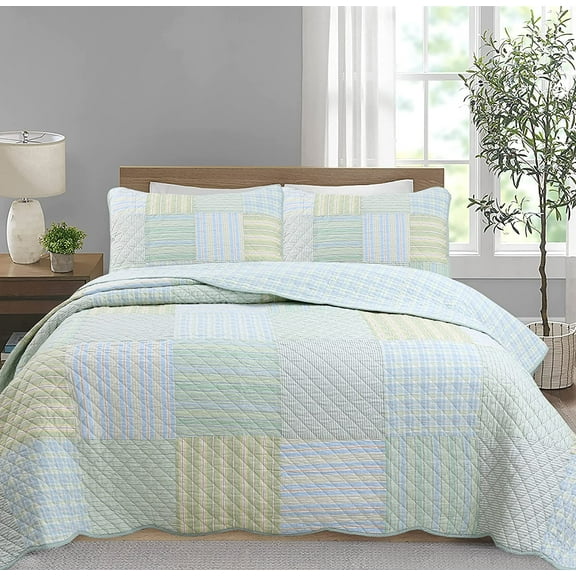 Cozy Line Home Fashions Cozy Line Square Patchwork Plaid Stripes Blue Green Cotton 3-Piece Reversible Quilt Bedding Set King