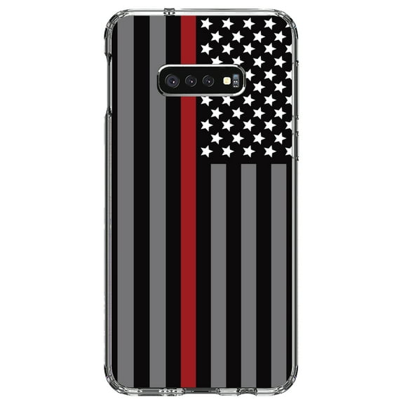 DistinctInk Clear Shockproof Hybrid Case for Samsung Galaxy S10e (5.8" Screen) - TPU Bumper, Acrylic Back, Tempered Glass Screen Protector - Thin Red Line US Flag Fire Rescue - First Responders