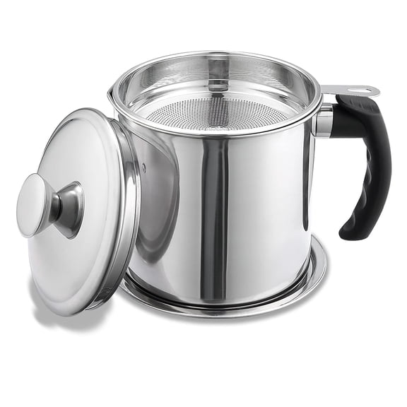 Bacon Grease Container with Strainer, 48 oz Stainless Steel Oil Storage Can with Lid, Built-in Strainer for Straining Frying Oil, Easy Grip Handle, Kitchen Fat Holder for Cooking Grease, Silver