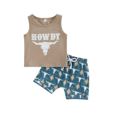 

2Pcs Western Baby Boy Summer Outfits Cow Head Print Sleeveless Tank Tops and Stretch Casual Shorts Set