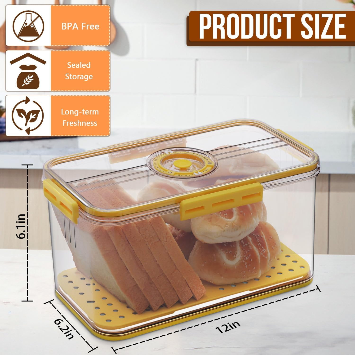 Baodeli Bread Box Bread Boxes for Kitchen Counter Airtight, Time Recording Bread Storage Container with Lid, Bread Keeper for Homemade Bread, Toast, Bagel, Donut and Cookies, Yellow
