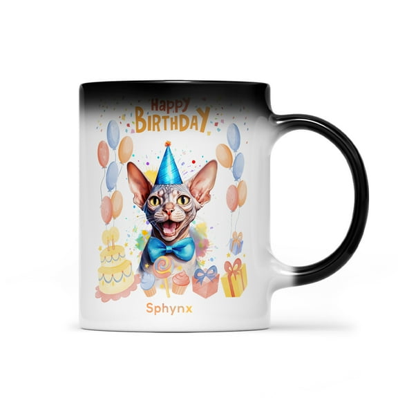Watercolor Sphynx Happy Birthday Celebration Balloons Gift Party Heat Color Changing Mug Cat Lover Kitten Owner Gifts Idea Magic Coffee Mug - 00028